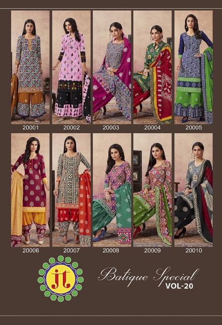 Jt Batique Special 20 Cotton Designer Regular Wear Kurti with Bottom and Dupatta Collections
